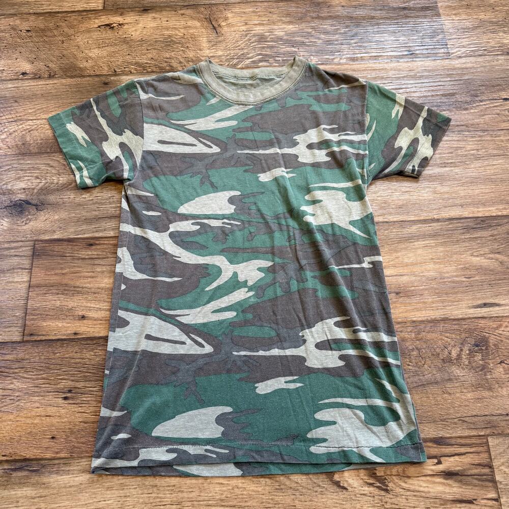 Vintage 80s Woodland Camo Military Tee Shirt